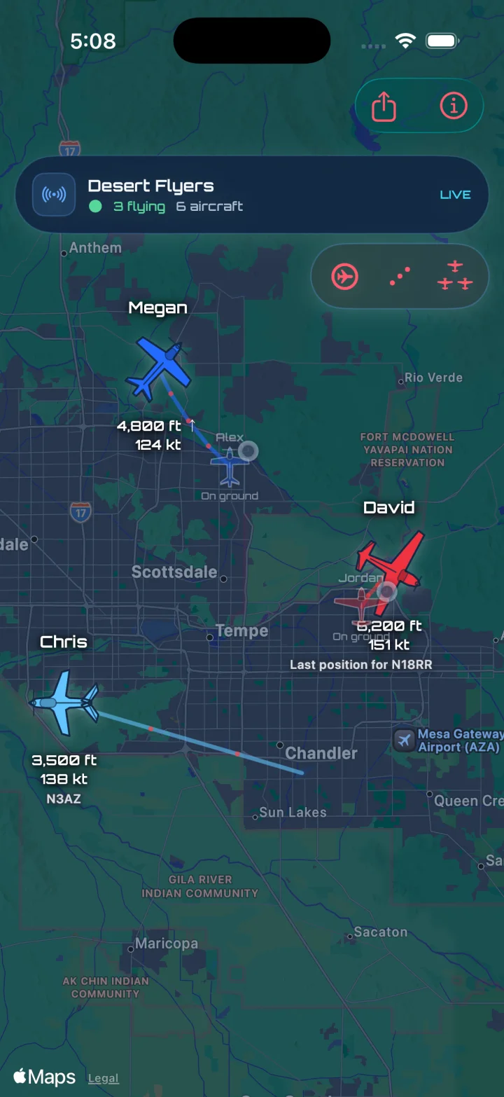 Squadron Sync live map showing three aircraft and their recent breadcrumb trails