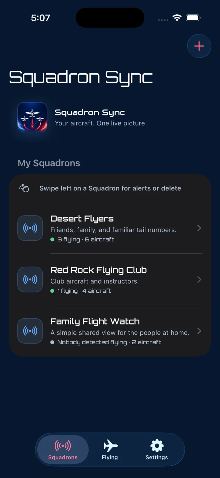 My Squadrons screen in the Squadron Sync iPhone app